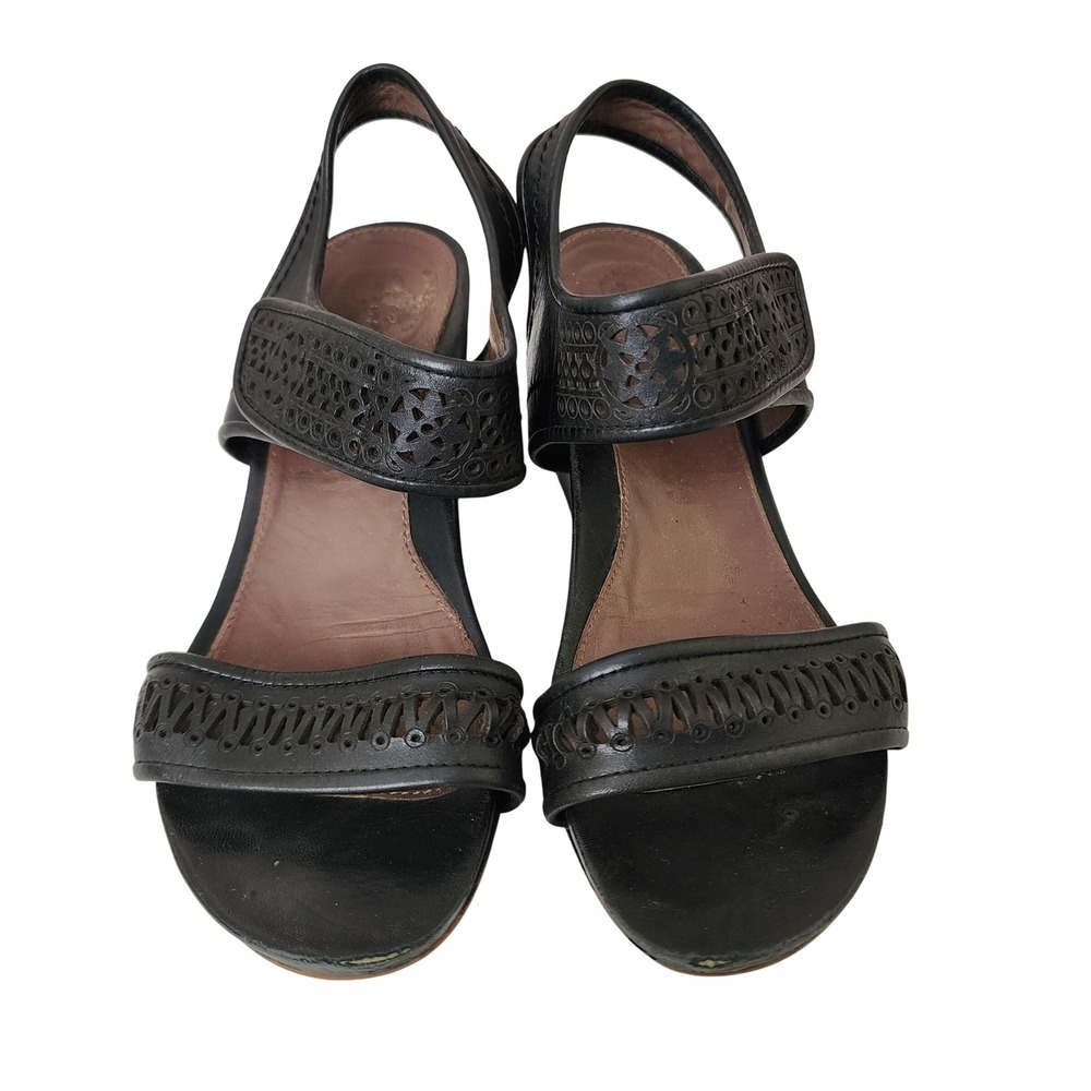 Earthies Asola Black Leather Laser Cut Block Heel Slingback Sandals 8.5B